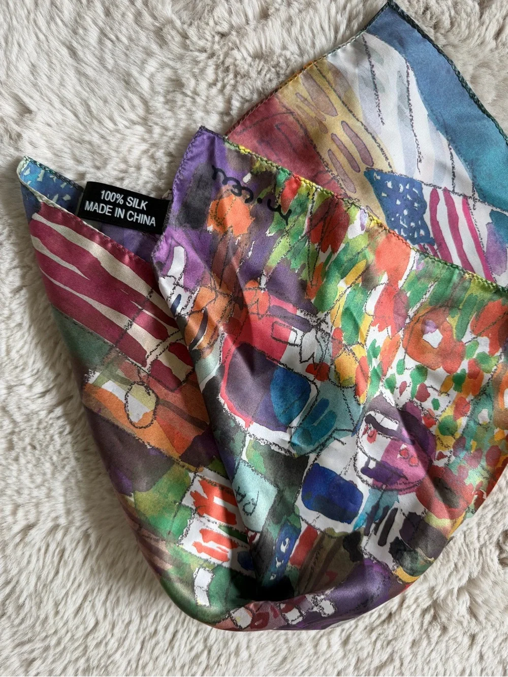 Michael Leu  Printed Silk Scarf - Multicolor Abstract Street Scene